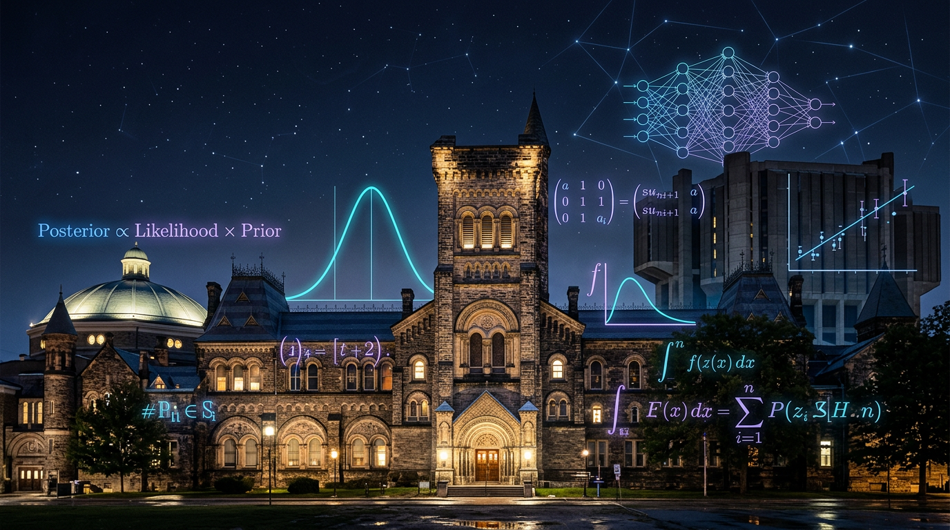 Abstract visualization of the intersection of mathematics, Bayesian inference, and computation against a starry backdrop